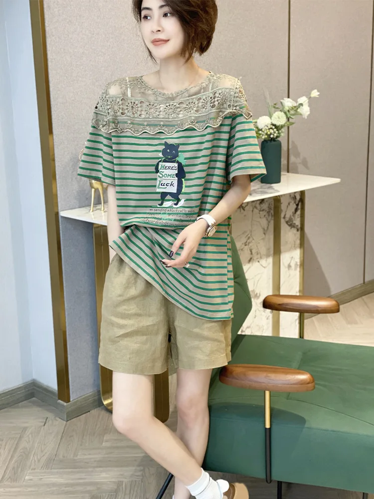 

Green Lace Patchwork T-shirt For Women Summer Fashion Classic Striped Pullover Tees Ins Chic Printed Loose Casual Versatile Tops