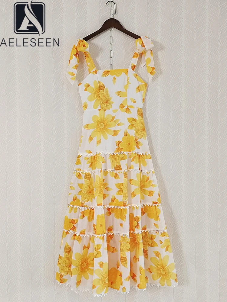 

AELESEEN Sicilian Women Summer Dress Runway Fashion Spaghetti Strap Bow Yellow Flower Print Ruffles Long Party Holiday Camisole