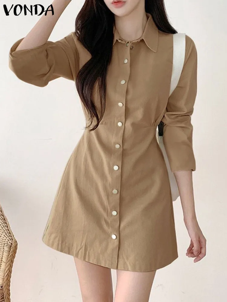 

VONDA Elegant Women Sexy Mini Dress 2023 Fashion Lapel Long Sleeve Buttons Party Streetwear Vestidos Casual Solid Short Robe