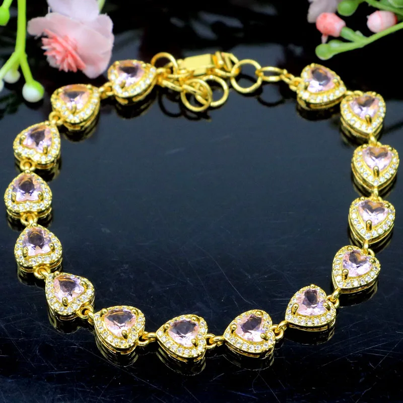 

12x8mm Lovely Cute 12.7g Heart Pink Kunzite Whte CZ Women Daily Wear Gold Silver Bracelet 6.5-7.5inch