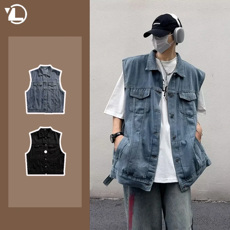 Джинсовый жилет мужской с потертостями модная мотоциклетная ковбойская куртка