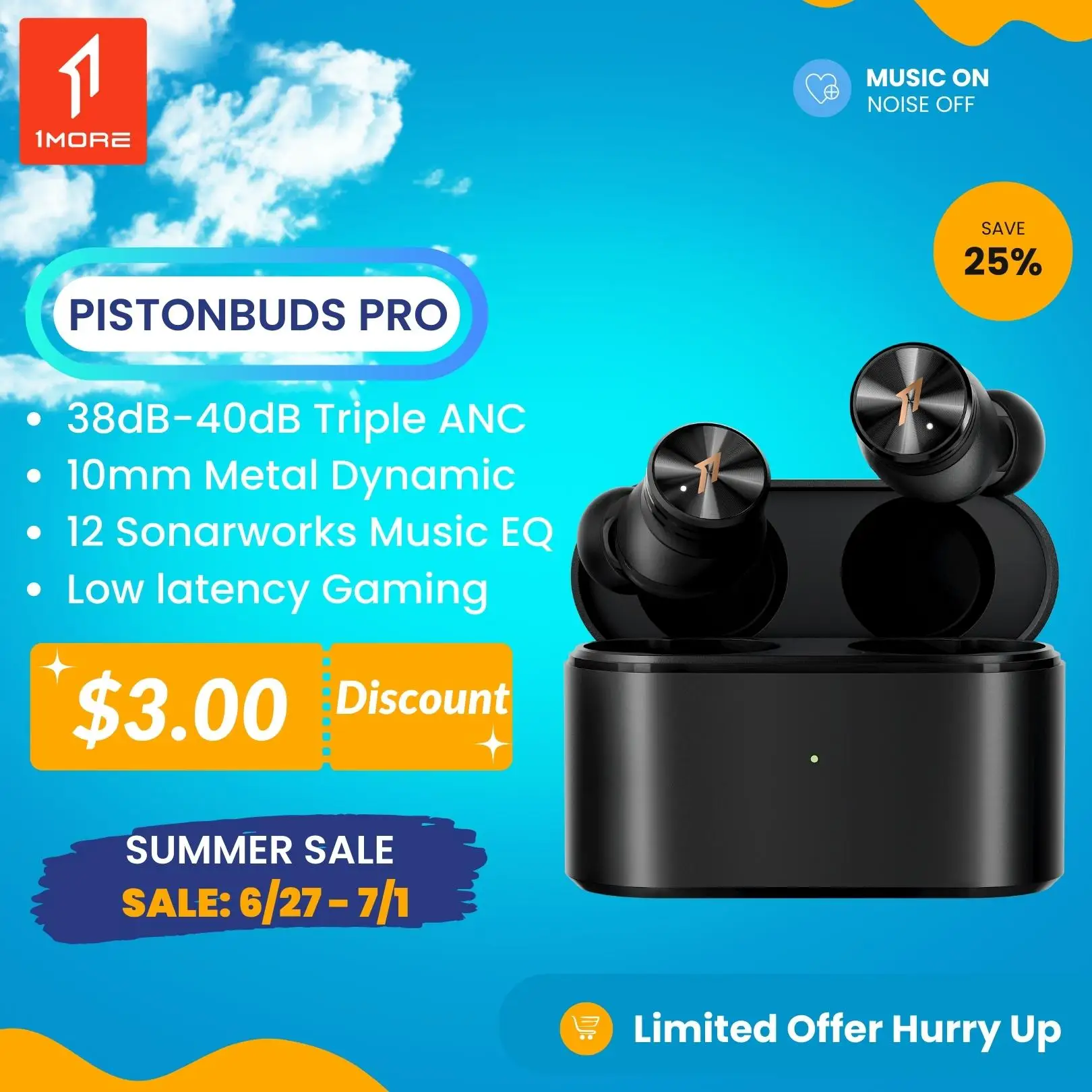  1MORE PistonBuds Pro беспроводные наушники Bluetooth 5.2 Тройное активного шумоподавления ANC 10мм динамический драйвер Супер басы 4 Микрофон DNN 12 Sonarworks…