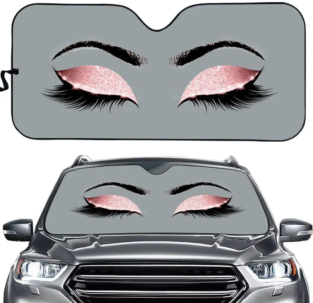 

Women's Eyes With Long Eyelashes Front Windshield Shade Makeup Pink Glitter Eyeshadow Print Folding Sunshade For Sedan Truck SUV