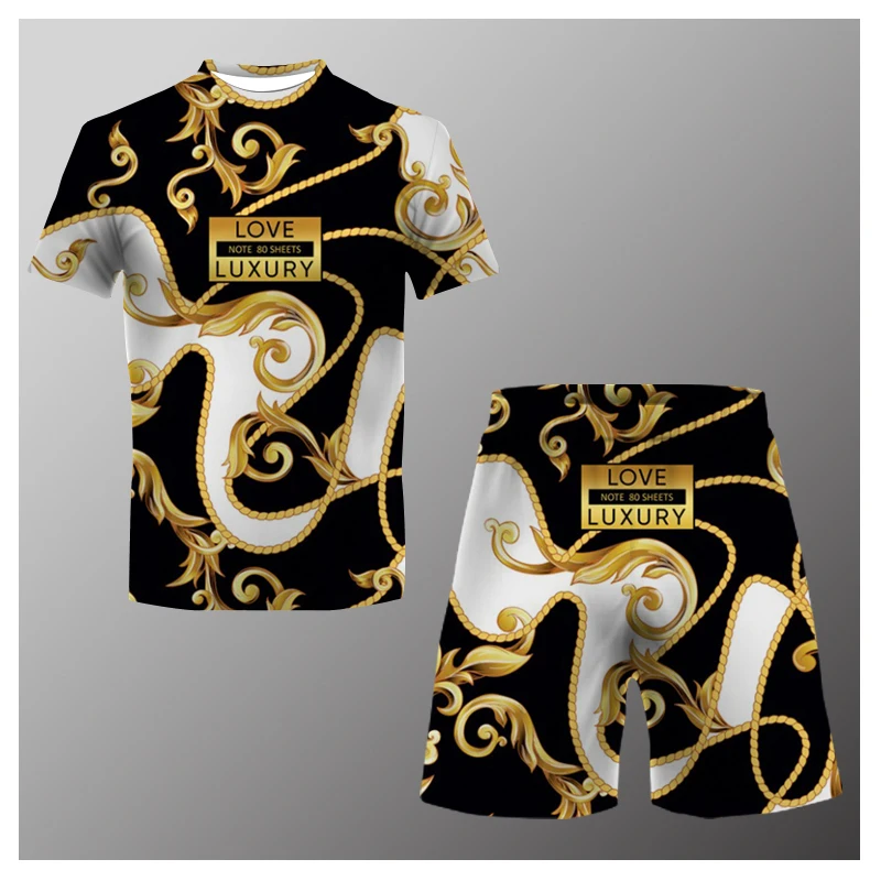 New Summer Men's Suit Casual Fashion Printed T-Shirt + Beach Shorts Suit Men's O-Neck T-Shirt 2 Pieces Asian Size XXS-6XL