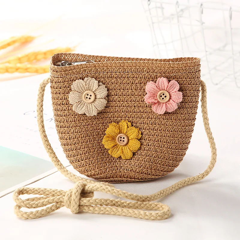 Princess Baby Girls Beach Sun Hats Cute Flower Children's Straw Woven Shoulder Bag Boys Kids Mini Coin Purse Crossbody Bags