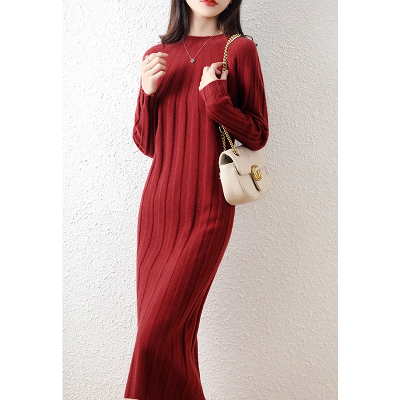 100% Pure Wool Dress Women Autumn Winter New Fashion Pullover Knitwear Full Sleeve Warm Knit Dress Streetwear Dress for Women
