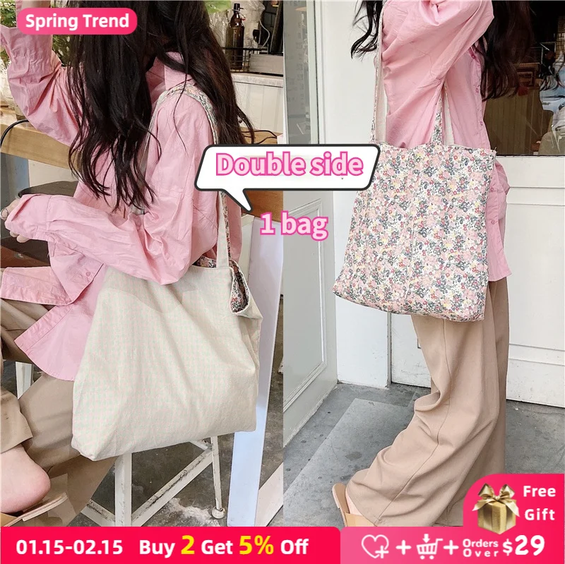 

Клетчатая двухсторонняя сумка для покупок с цветочным рисунком для женщин, хлопковые сумки на плечо в стиле ретро, вместительные женские пл...