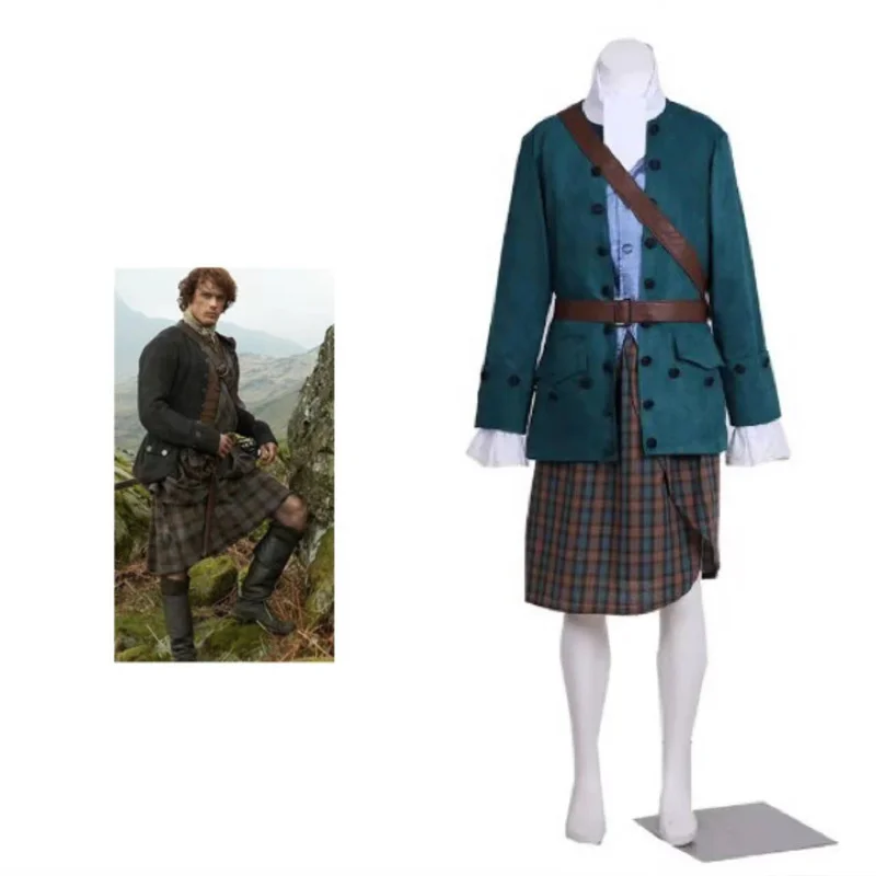 

Outlander TV Series Jamie Fraser Cosplay Costume Blue Uniform Set Men's Scottish Skirt Outfit Halloween