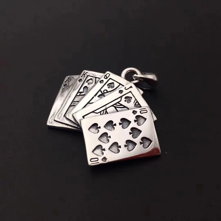 

S925 pure silver fashion personality retro poker CARDS necklace pendant boys disco dancing celebrity city boy