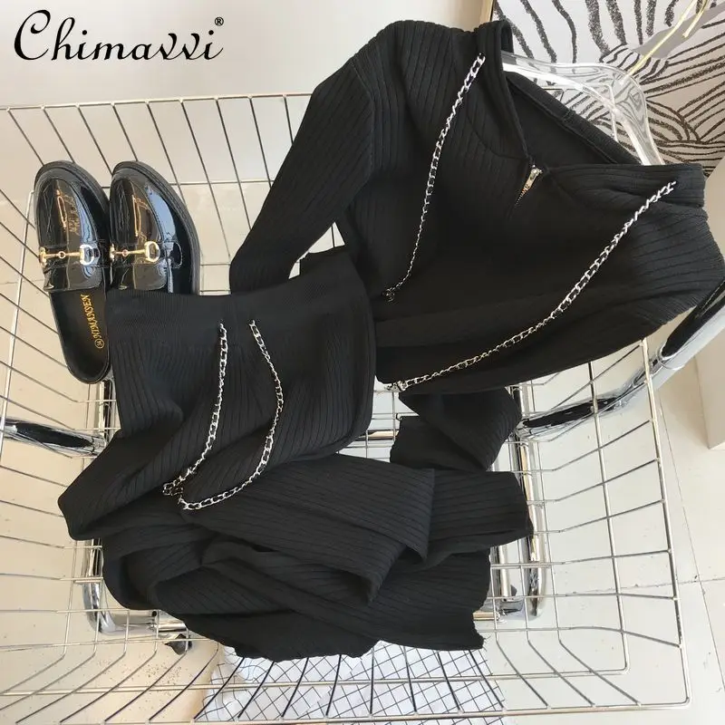 

202 Autumn Clothes New Korean Fashion Long Sleeve Fresh Hoodie Chain Drawstring Slim-Fit Cardigan Wide Leg Pants Leisure Suit