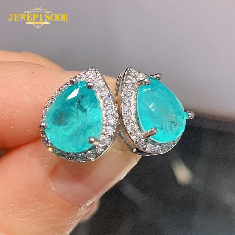 

PANSYSEN Vintage 925 Sterling Silver Pear Cut Paraiba Tourmaline Emerald Diamond Ear Stud Earrings for Women Luxury Fine Jewelry