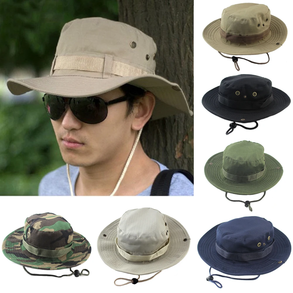 

Men Women Sports Boonie Washed Cotton Twill Chin Cord Military Camouflage Hunting Hat Travel Sun Cap Bucket Style Fisherman Hats