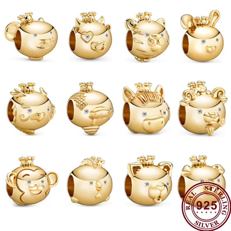 

Original 925 Sterling Silver Bead Golden Zodiac Beads Fit Pandora Women Bracelet & Necklace Diy Jewelry