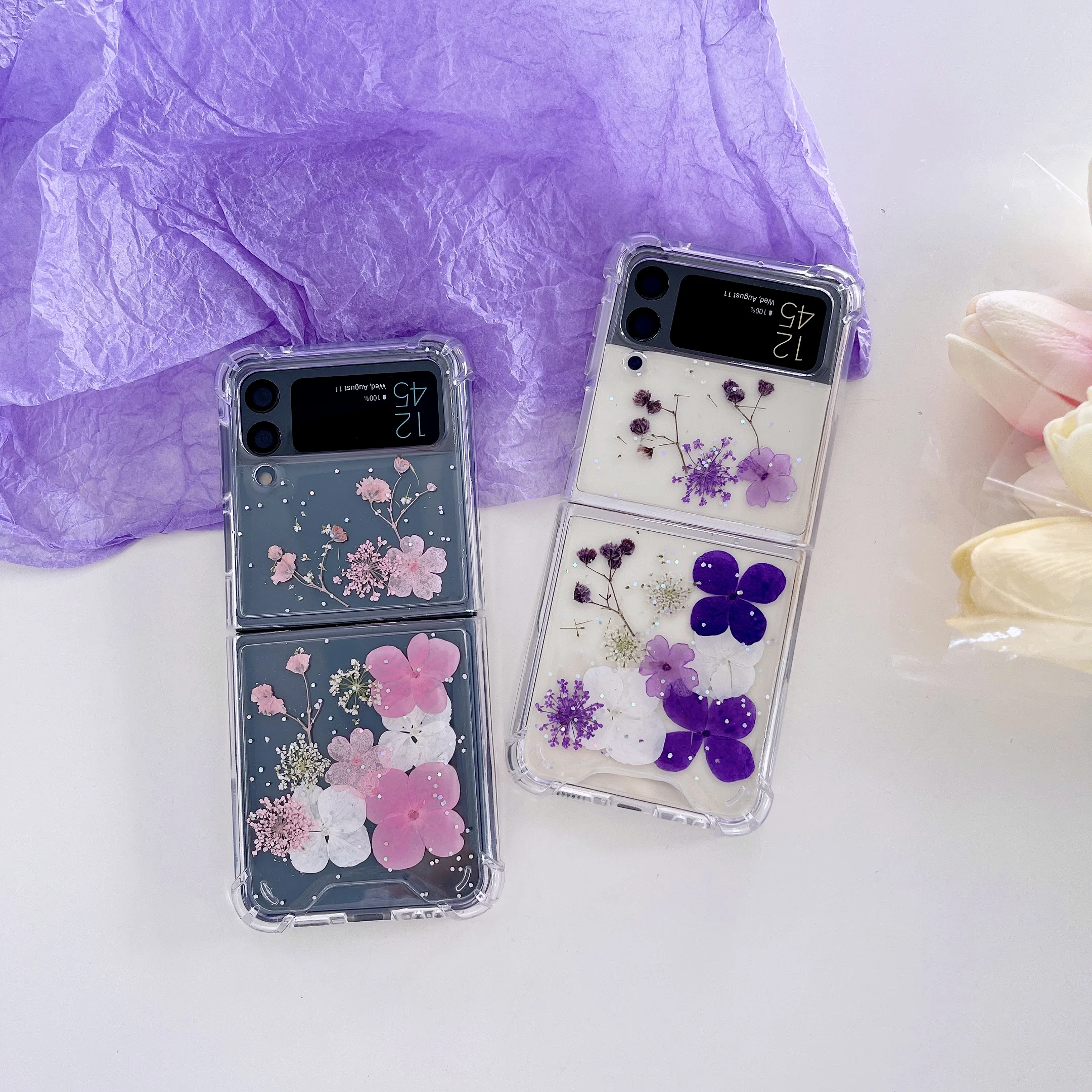 For Samsung Z Flip 3 Case Real Flower Transparent Fold Phone Case For Samsun Galaxy Z Flip 4 ZFlip3 Shockproof Hard Back Cover