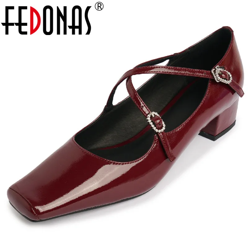 

FEDONAS Women Genuine Leather Pumps Square Toe Thick Heels Office Elegant Retro Cross-Tied Mary Janes Shoes Woman Spring Autumn