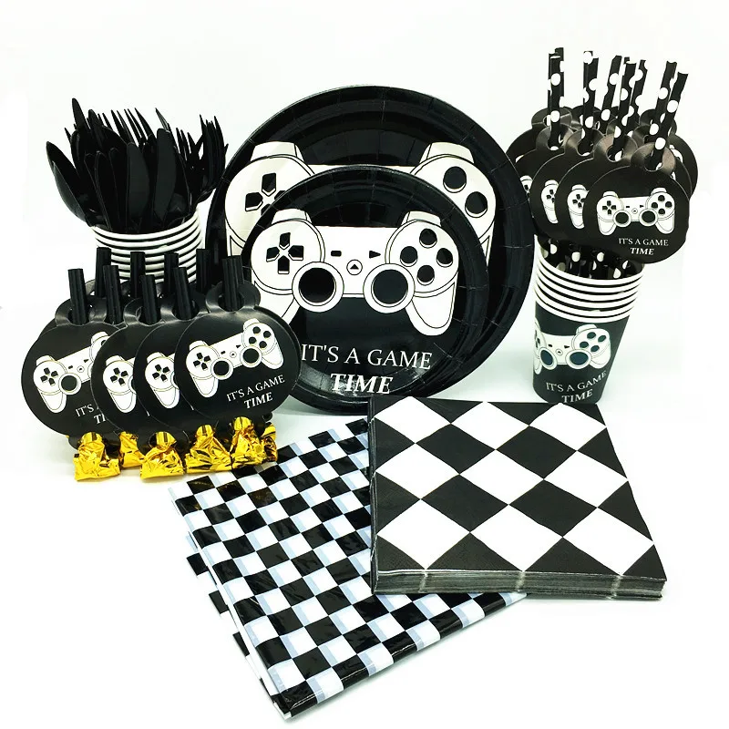 

1Set Game Theme Party Disposable Tableware Set Plate Cup Knife Fork Tableware for Kids Boys Birthday Party Supplies Balloons Set