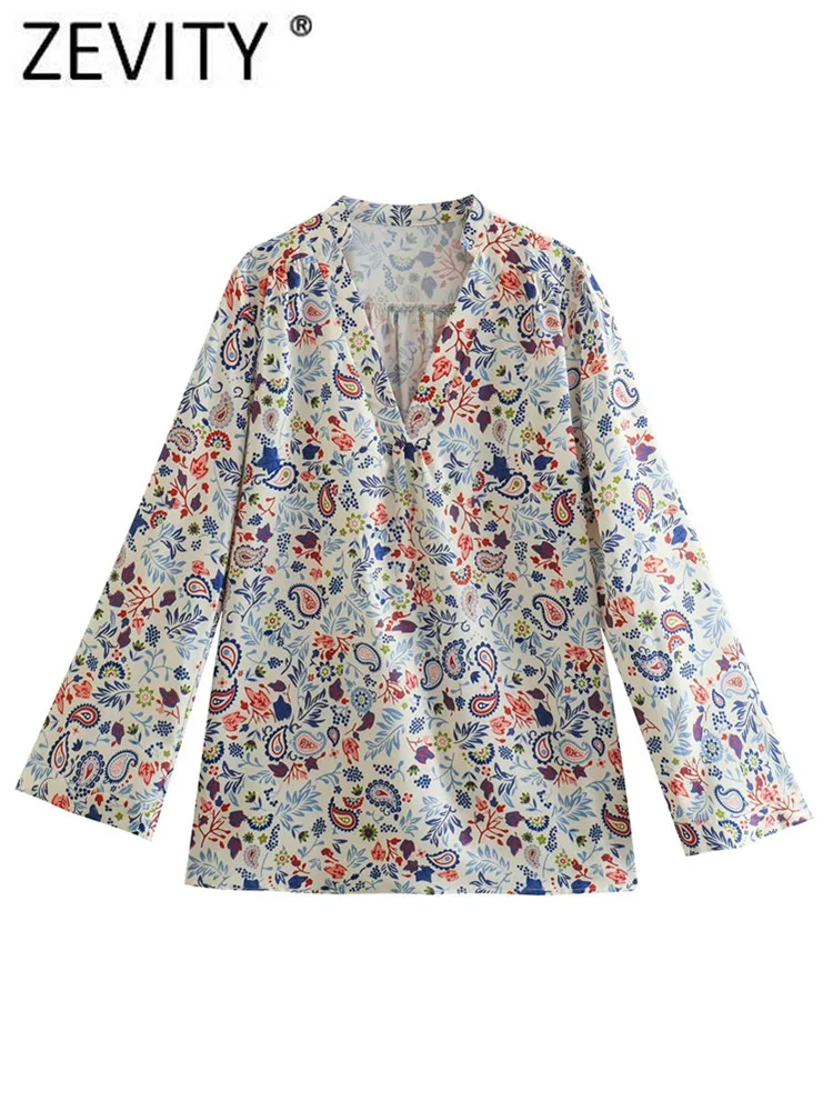 

Zevity Women Vintage V Neck Cashew Nuts Floral Print Casual Smock Blouse Female Pullover Shirt Chic Kimono BlusasTops LS1768