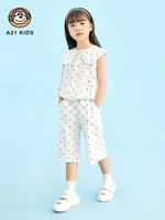a21 girls suit 2022 summer new fashion pure cotton pullover sleeveless ruffled lapel chic polka dot casual two piece top shorts