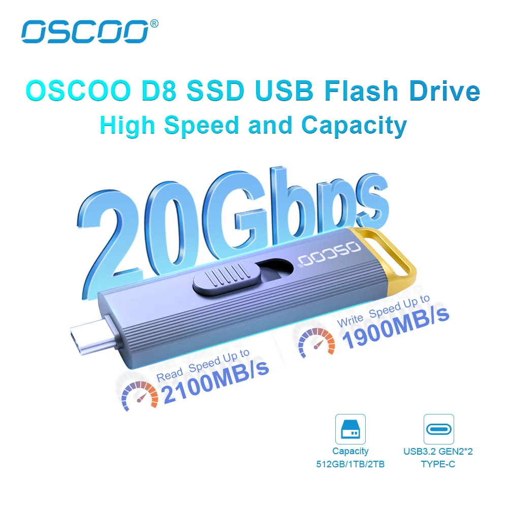 Фото OSCOO PSSD 1 ТБ SSD USB-накопитель 20 Гбит/с 3D TLC Nand Flash Type C 3.2 Gen2*2 Диск памяти Беспроводной портативный SSD USB-накопитель №2