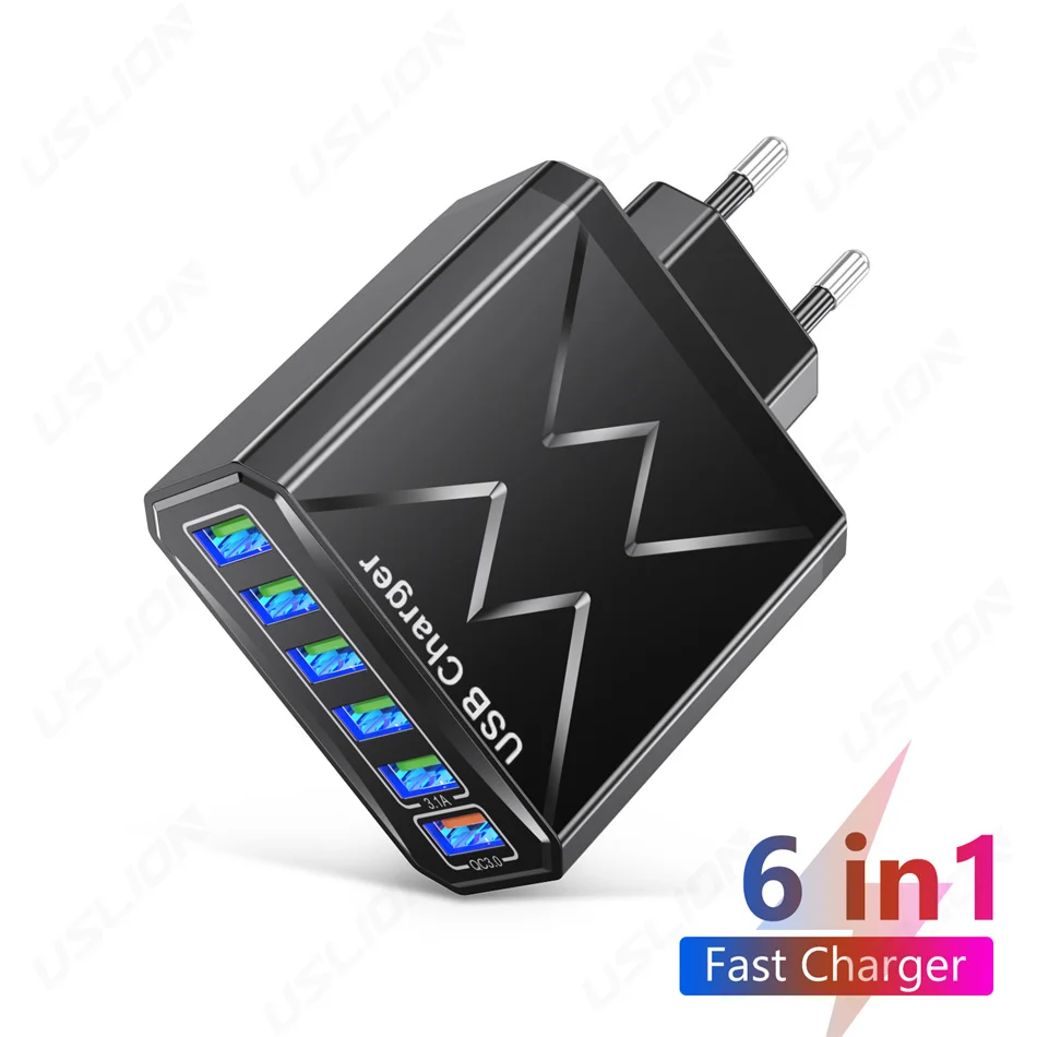 Быстрое зарядное устройство 6 в 1, быстрое зарядное устройство QC3.0 с быстрой вилкой KR, зарядное устройство с USB-портом для iPhone 14, 12, 11, дорожное зарядное устройство с вилкой для ЕС, Великобритании и США