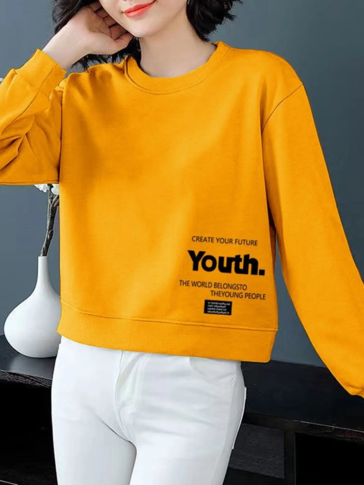 2023 хлопковая короткая весенняя маленькая толстовка с круглым вырезом женская