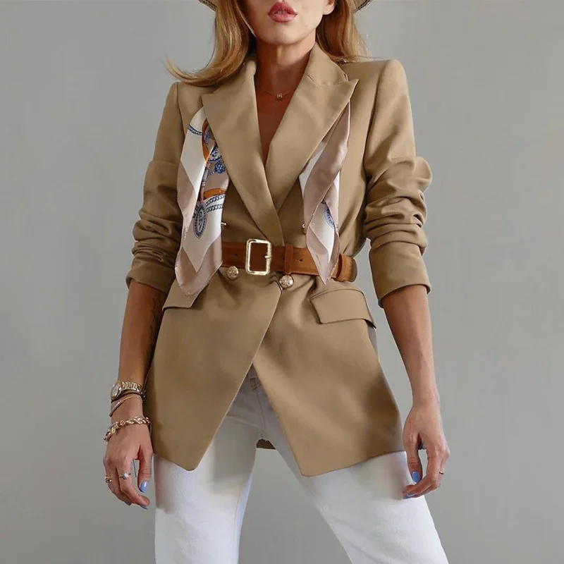 

Office Lady Fashion Blazer with Free Belt 2021 Women Solid Colors Double Breasted Casual Bussiness Blazer Vintage British Style