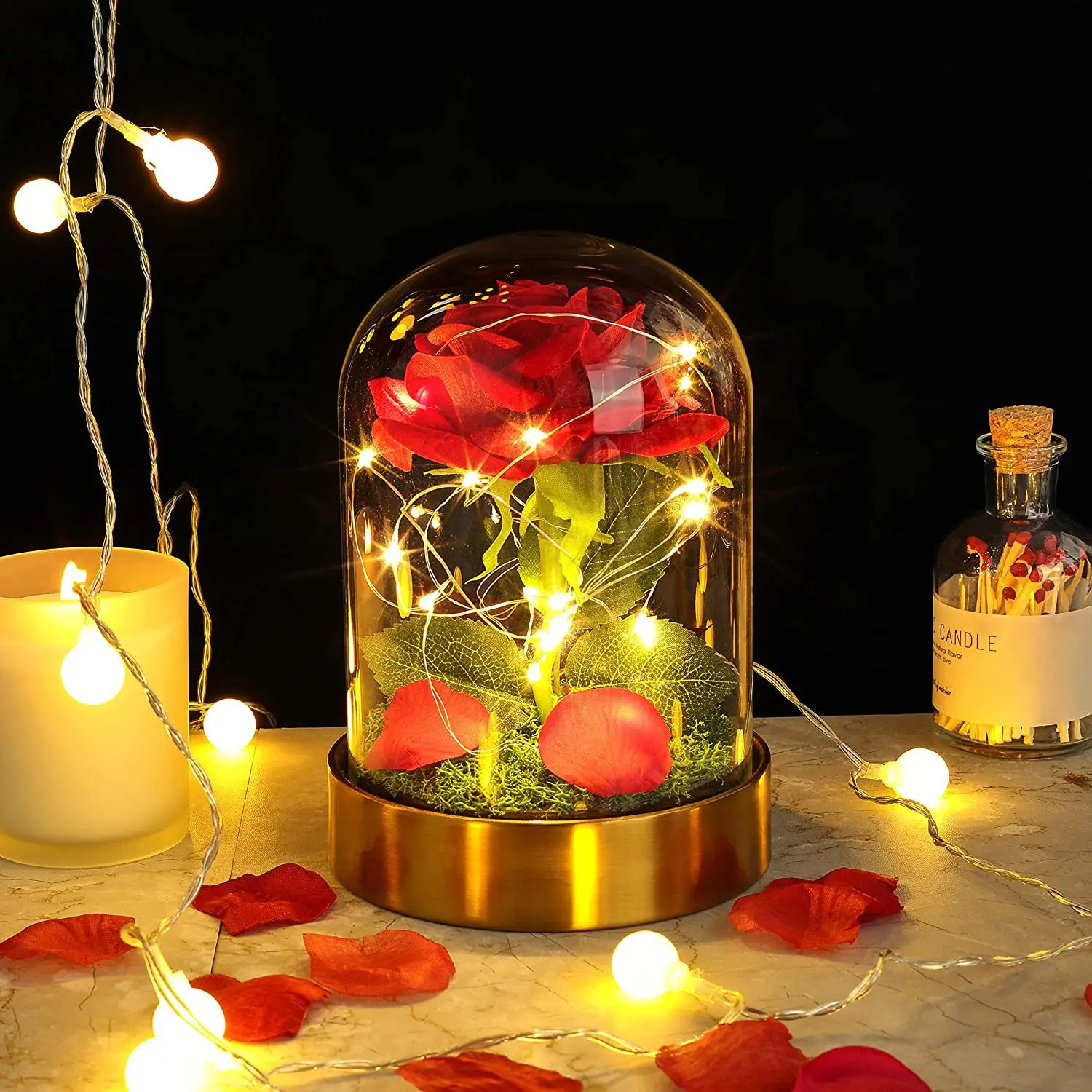 

Glass Cover Simulation Immortal Flower LED Warm Lamp Cloth Velvet Rose DIY Birthday Gift Creative Luminous Desktop Decoration