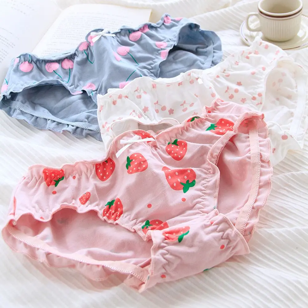

Cartoon Cotton Ruffle Women Panties Cute Cherry Strawberry Fungus Pleated Underwear Middle Waist Lingerie Briefs For Girl