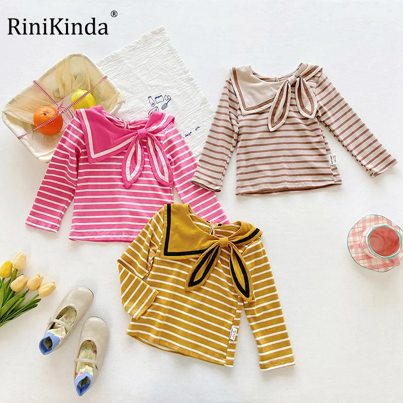 

Осень 2022, рубашки для девочек, хлопковые топы с милым бантом для маленьких девочек, полосатая Детская рубашка с длинным рукавом и круглым вы...