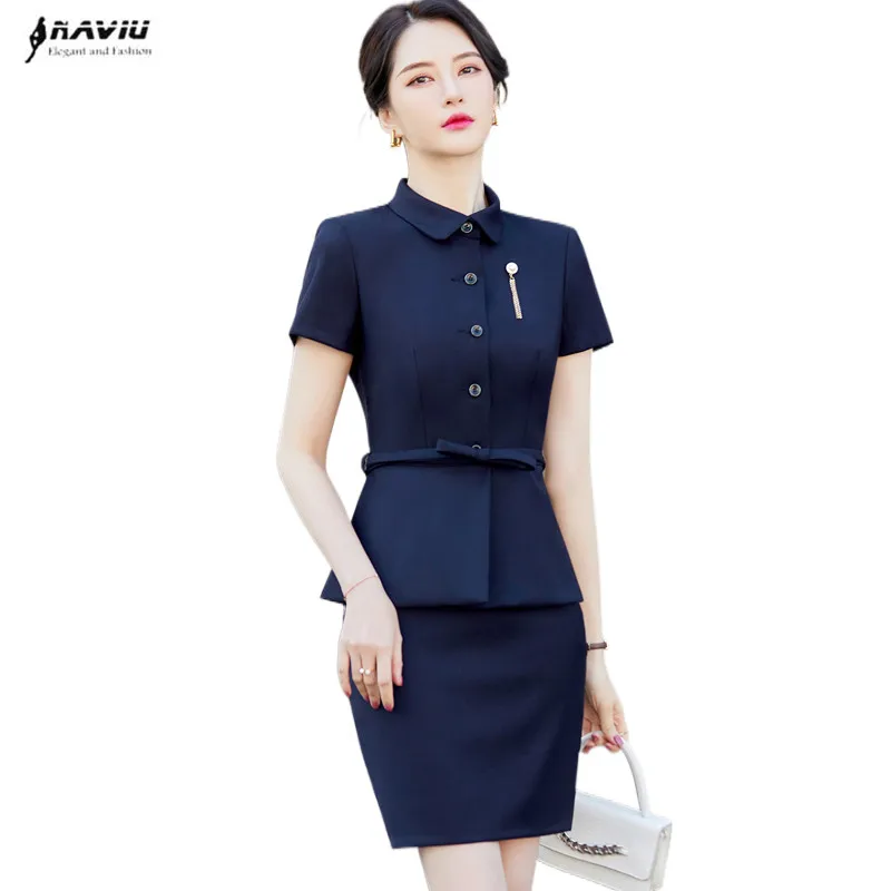 

Naviu Short Sleeve Suits Uniform Women Summer New Thin Professional Temperament OL Slim Blazer And Skirt Office Ladies Work Wear