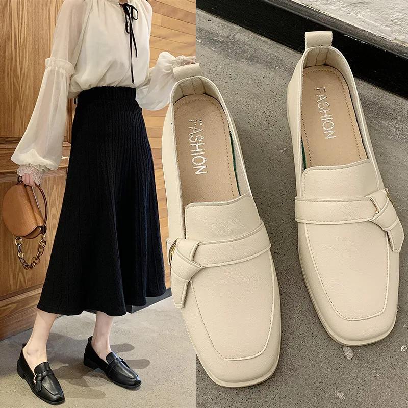 

New Solid Leather Shoes Woman Slip on Oxford Shoes for Women 2021 Spring New Square Thick Mid Heels Bow Knot Women Casual Shoes