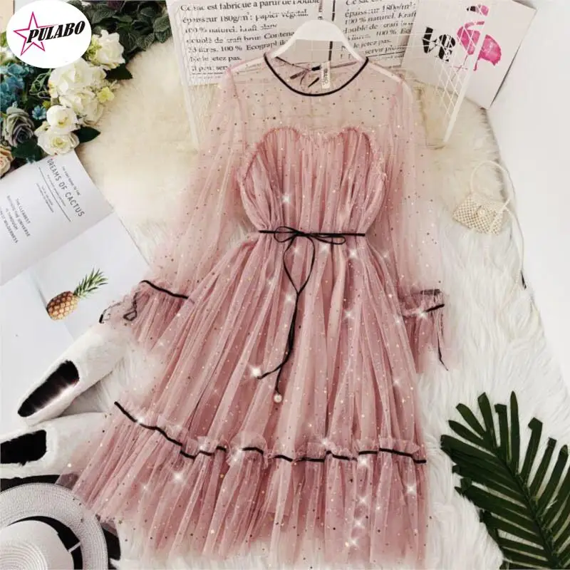 PULABO женское сетчатое блестящее платье со звездами и блестками элегантное