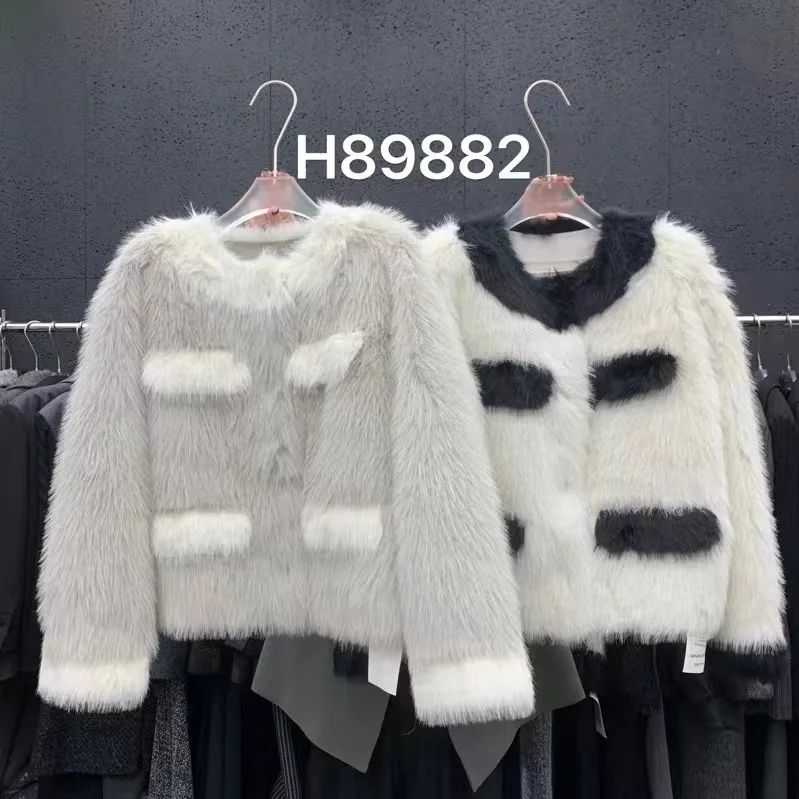 Contrast Splice Wool Coat Winter Warm Short Women