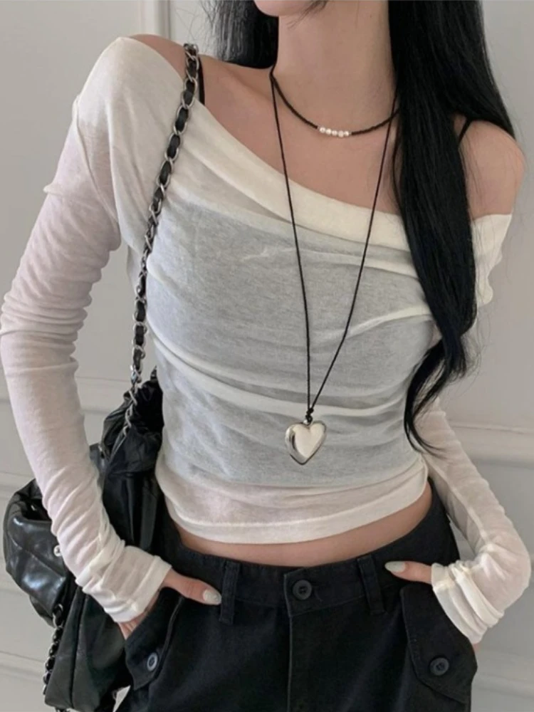 

Slash Neck Solid Thin Bottoming T-Shirts Women Long Sleeve Y2k Aesthetic O Neck Crop Top Autumn Slim See Through Sexy Tee Shirts