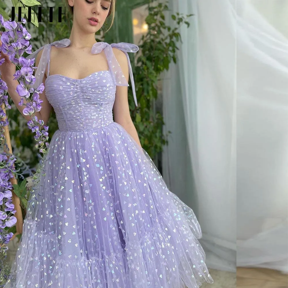 

JEHETH Lavender Above Knee Evening Dresses For Women Glitter Sweetheart Bow Party Gowns Sexy Spaghetti Strap Tulle Prom Dress