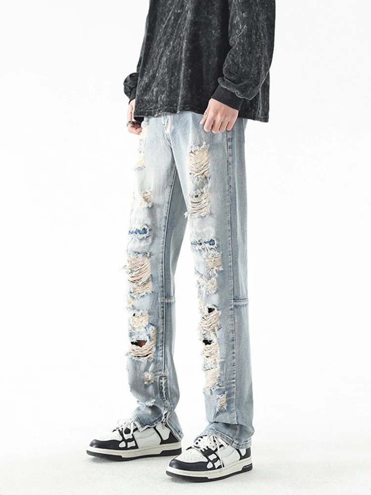 Original Ripped Jeans for Men Vintage Wash Hole Loose Micro Horn Jeans Trousers High Street Men Clothing Streetwear Denim Pants