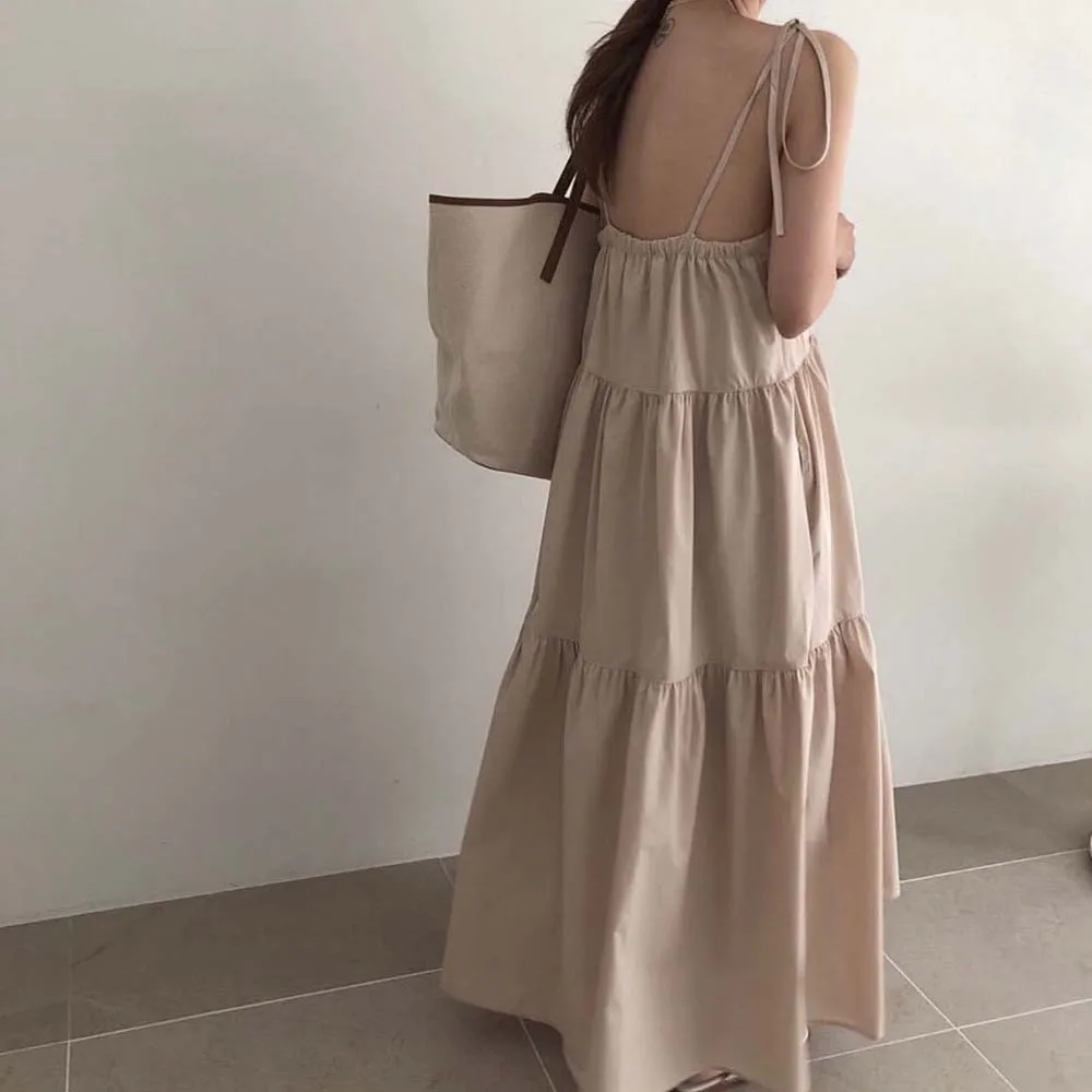

Dress Korea Summer Carefully Backless Temperament Cake Long Skirt Loose Thin Sling Dress A-line Elegant Dress 2022 New Japan