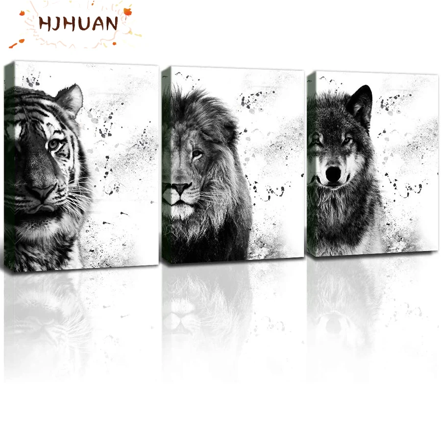 3pcs Black and white animal art lion tiger wolf diamond painting round embroidery mosaic home decor new year gift - купить по
