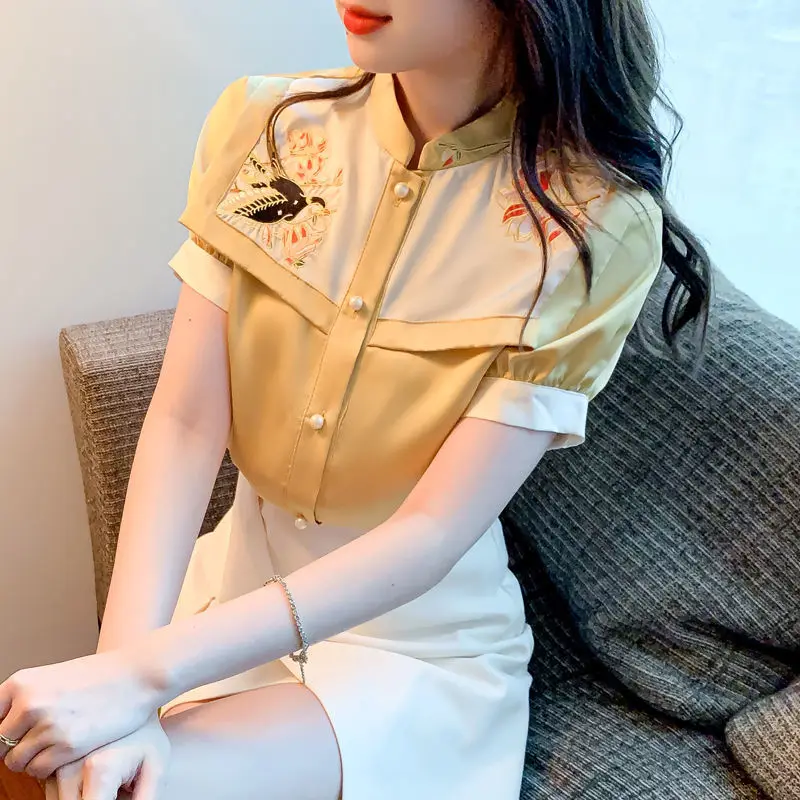 

Blouse female 2022 summer new Korean short sleeve printing round neck Chinese atmospheric casual shirt top female clothing