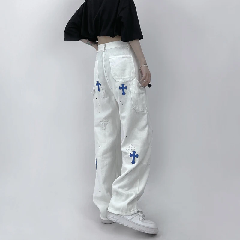 Women's Fashion Y2K Clothes White Jeans Men Wide Baggy Printed Denim Wide Pants For Women Straight Trousers Teachwear Streetwear