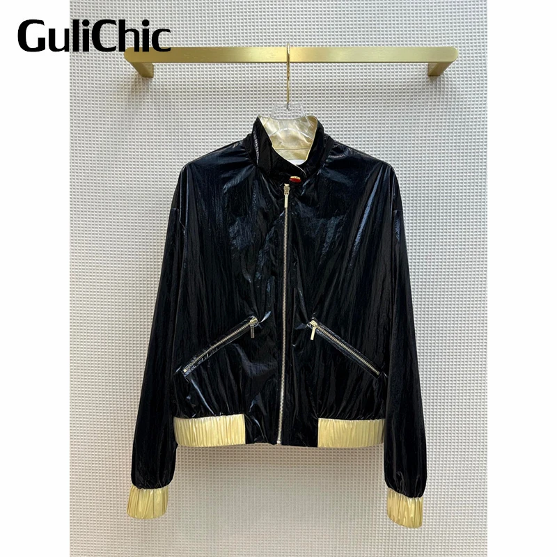 

1.9 GuliChic Women Black / White Comfortble Loose Thin Zipper Stand Collar Short Jacket