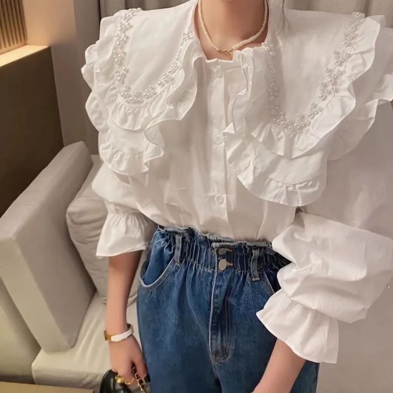 

Korean Chic Double Ruffles Long Sleeve Blouses Women Fall Peter Pan Collor Shirts Femme Solid Puff Sleeve Tops Ropa Mujer 2022