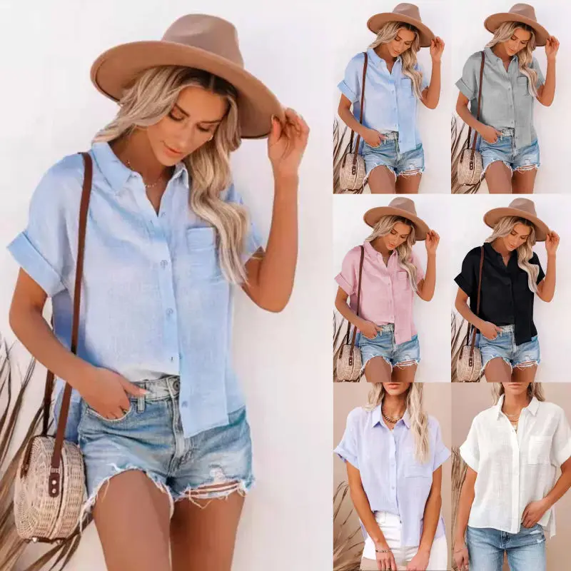 2022 Summer Popular Women's Cotton Linen Shirts Short Sleeve Ladies Lapel Button Shirt Top Fashion Loose Oversized Tunic enlarge