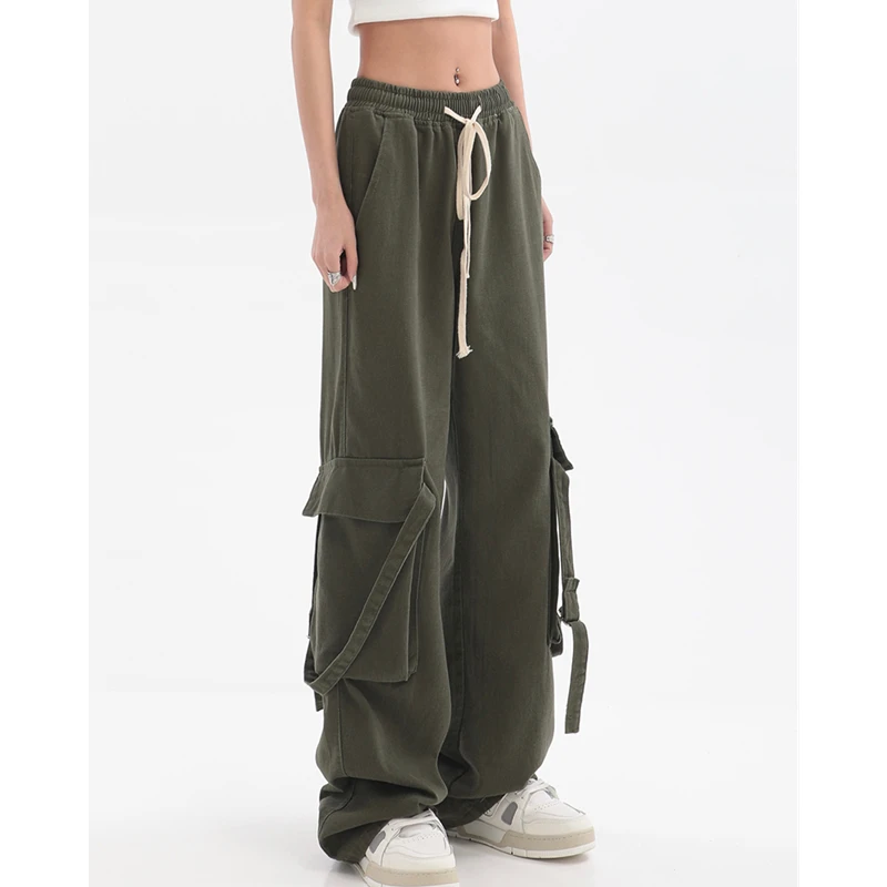 

Зеленые женские джинсы с высокой талией, прямые мешковатые брюки-карго, уличные модные летние джинсовые брюки в стиле хип-хоп с карманами и ...