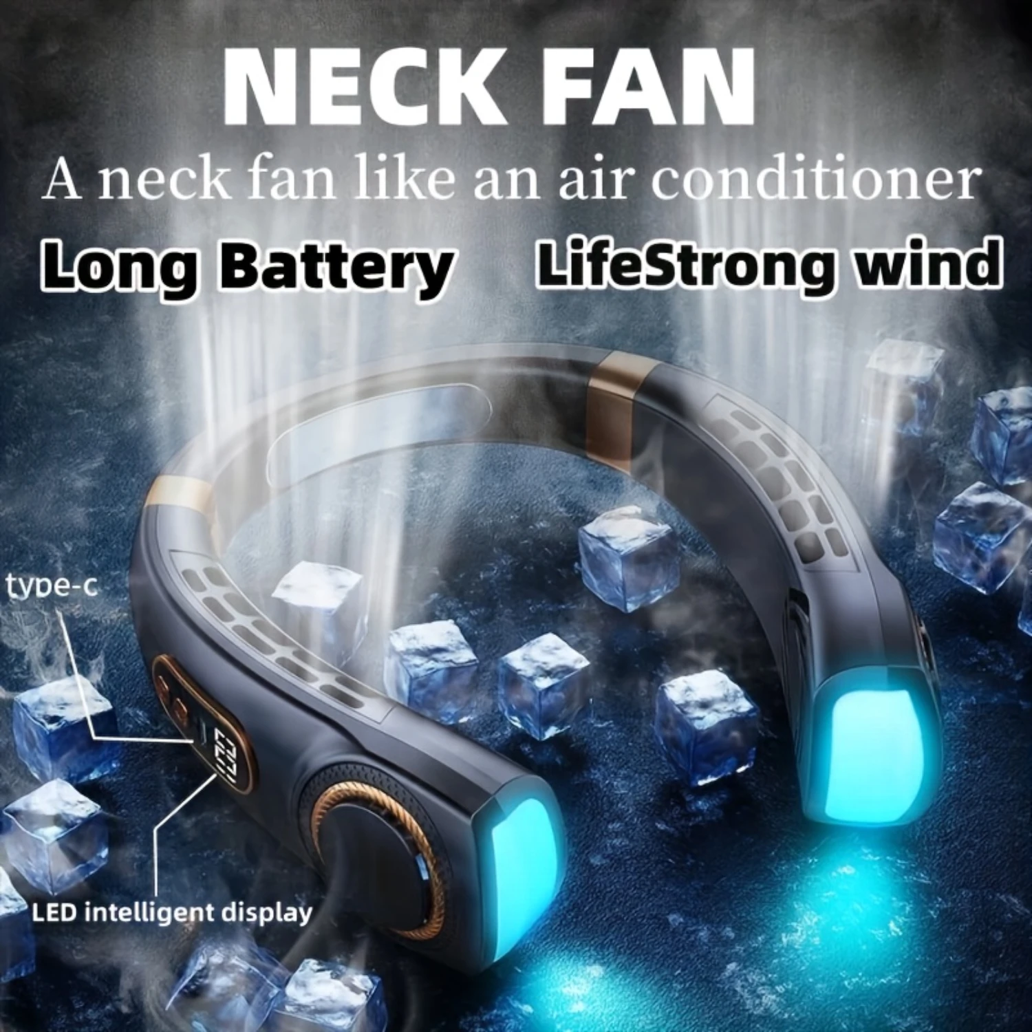 1pc Portable Neck Fan With 5-Speed Adjustable Bladeless Hanging Design USB Rechargeable LED Digital Display Quiet Operat
