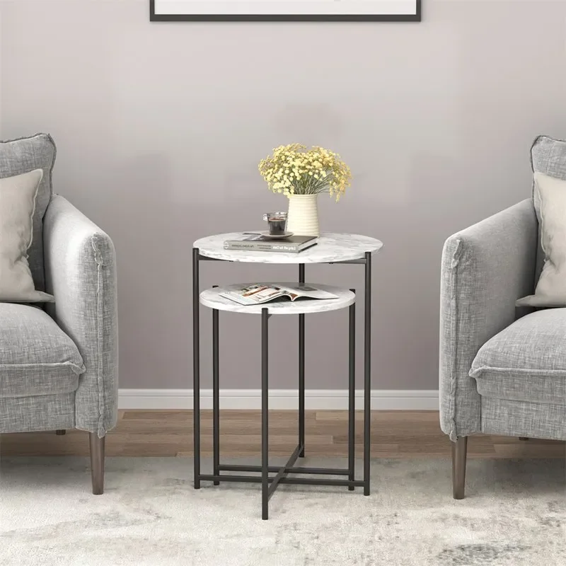 

Elegant White Faux Marble Round Nesting Coffee Table, 2 Piece Set.
