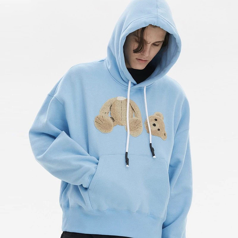 

High Street Hoodie Men Sweatshirt Broken Bear Embroidery Harajuku Streetwear Men Sweatshirts Hooded Cotton Black Pullover Hoodie
