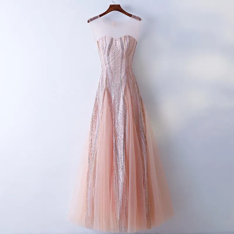 

Pink O-Neck Evening Dress Elegant Simple Sleeveless Lace Up Floor-Length A-Line Sequins Plus size Women Formal Party Gown C1551
