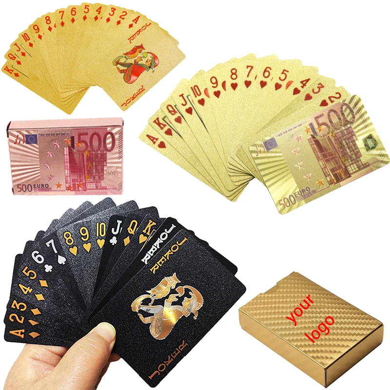 

Индивидуальный дизайн, подарок от производителя Шэньчжэнь, оптовая продажа, пластиковые ПВХ игральные карты для покера, логотип на заказ, евро доллар, золото, черный