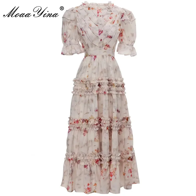 MoaaYina Elegant Summer dress Women's Dress O-Neck Lantern Short Sleeve Cascading Ruffle Hem Floral Print Dresses